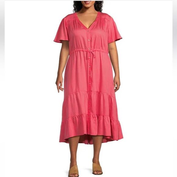 Nurture Women’s Flutter Sleeve Tie Waist Tiered Midi A-Line Dress Size Large - Picture 1 of 14